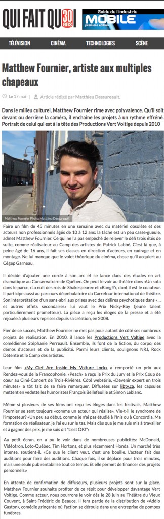 " Matthew Fournier, artiste aux multiples chapeaux " - Qui fait Quoi | Revue. 17 mai 2013. Mathieu Dessureault